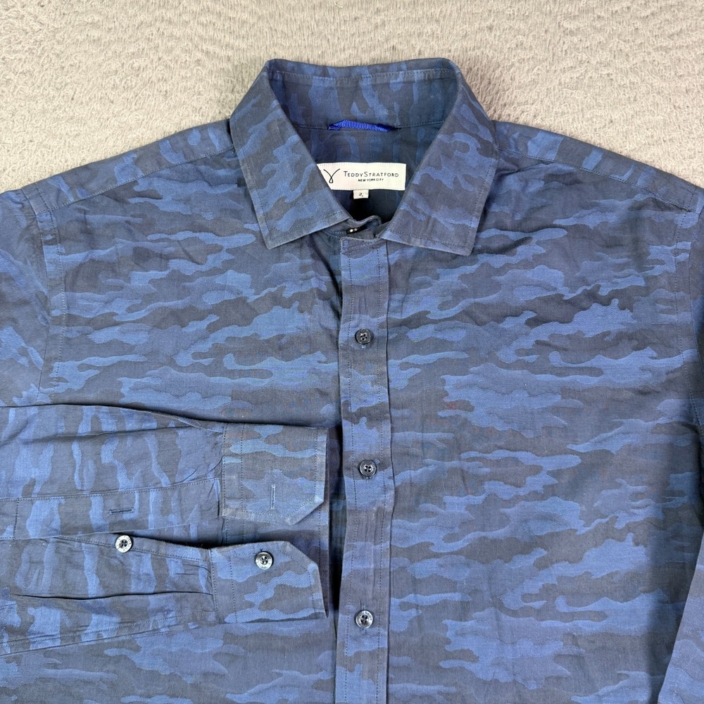 Teddy Stratford Shirt Mens Size 3 Blue Camo Button Up Zip Fit Cotton Long Sleeve